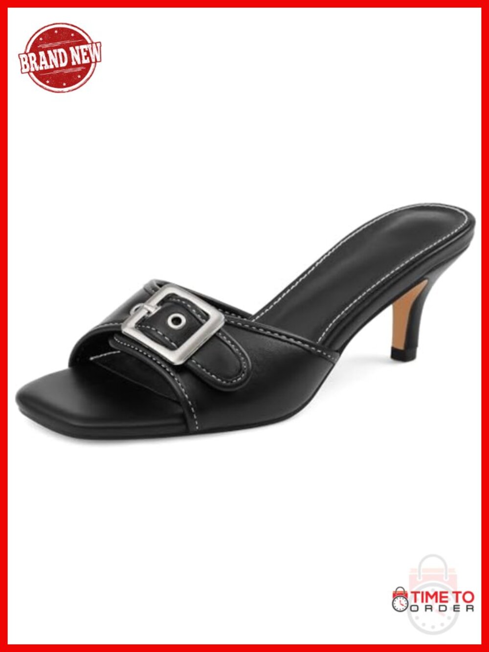 Faux Leather Kitten Heel Square Open Toe Slip On Mule Sandal